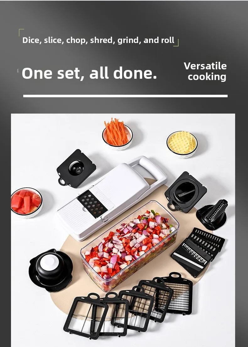 Hand pressing down to dice vegetables into cubes